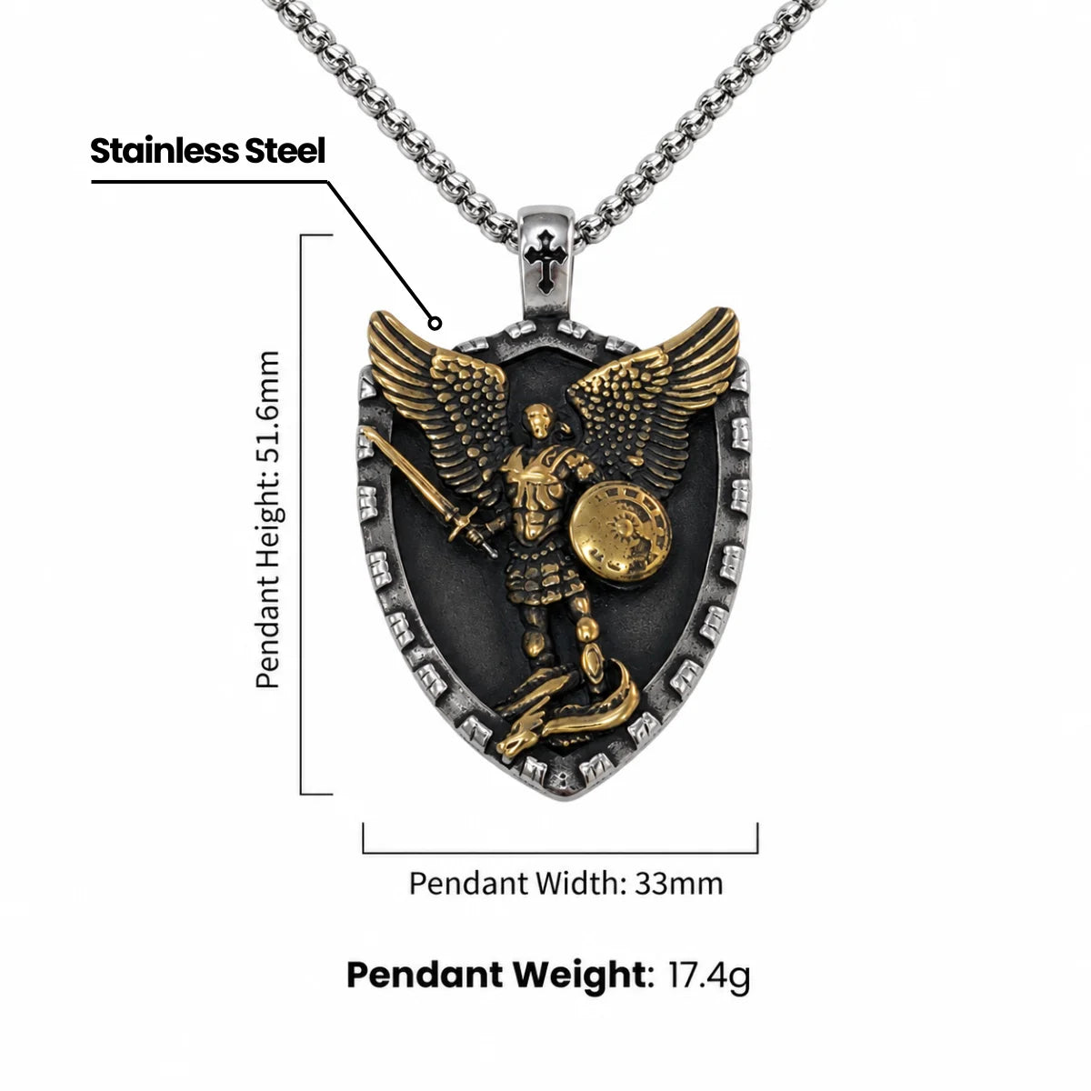 Two Tone St Michael Shield Pendant Necklace Dimensions and Weight Infographic