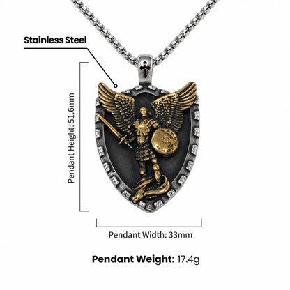 Two Tone St Michael Shield Pendant Necklace Dimensions and Weight Infographic