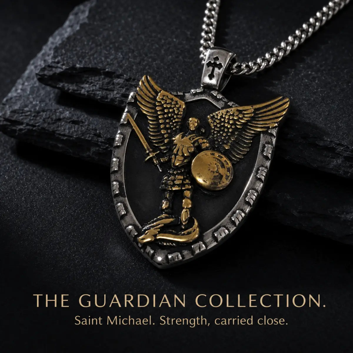 Two Tone St Michael Shield Pendant Necklace Displayed on Dark Stone Surface