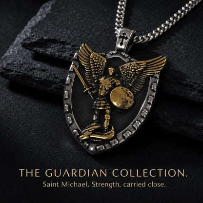 Two Tone St Michael Shield Pendant Necklace Displayed on Dark Stone Surface