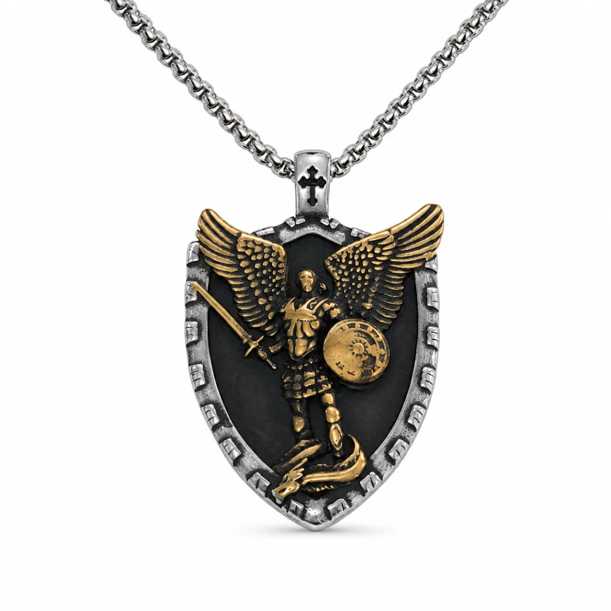 Two Tone St Michael Shield Pendant Necklace Front View White Background