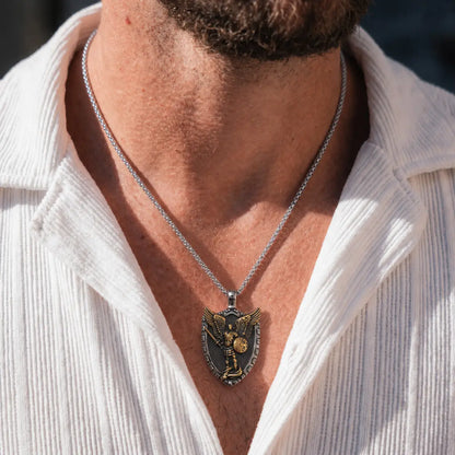 Two Tone St Michael Shield Pendant Necklace Worn by Male Model Close Up