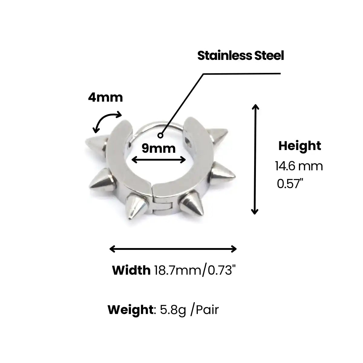 Unisex Hoop Spike Punk Earrings Dimensions and Weight
