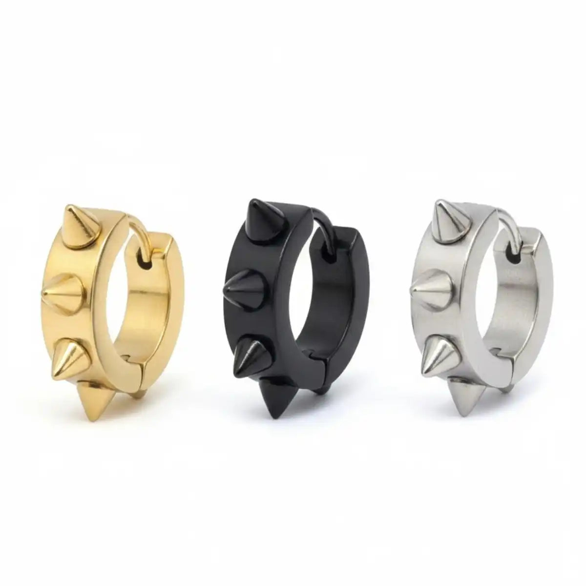 Unisex Hoop Spike Punk Earrings Gold Silver and Black