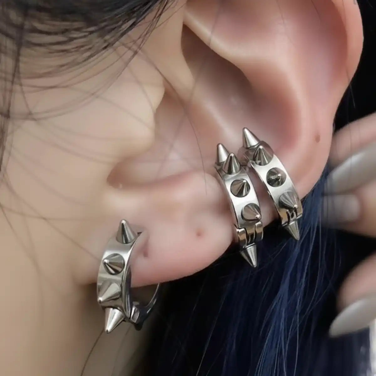 Unisex Hoop Spike Punk Earrings Silver Worn by Female Model