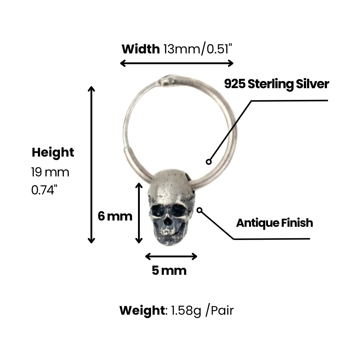Unisex Skull Huggie Hoop Earrings Sterling Silver Dimensions and Weight