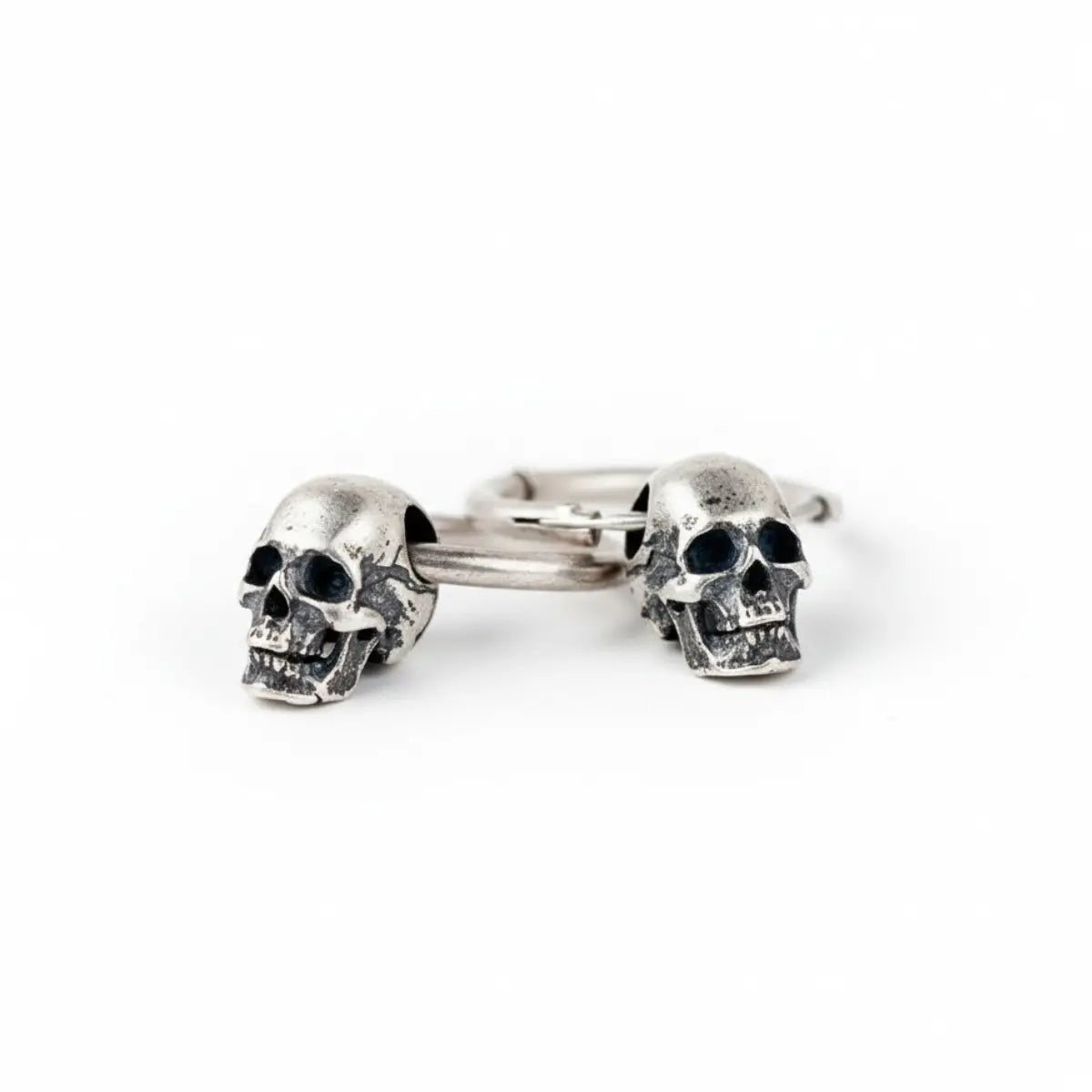 Unisex Skull Huggie Hoop Earrings Sterling Silver Front View
