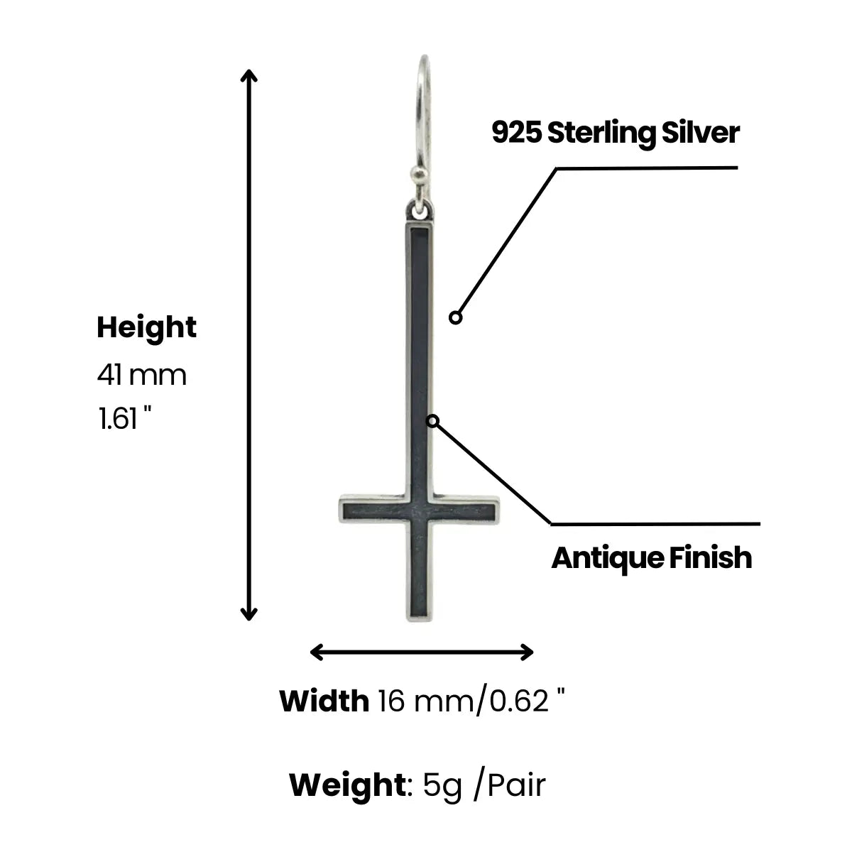Upside Down Cross Earrings Dimensions and Weight