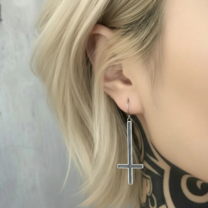Upside Down Cross Earrings Worn by Female Model