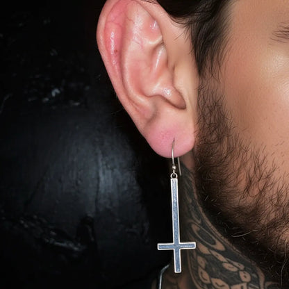 Upside Down Cross Earrings Worn by Male Model
