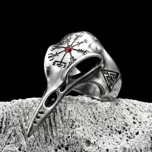 Vegvisir Raven Skull Ring Red Stone