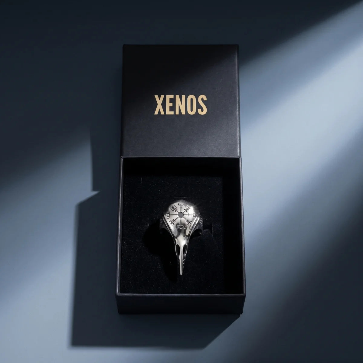 Vegvisir Raven Skull Rings Inside a Xenos Jewelry Box