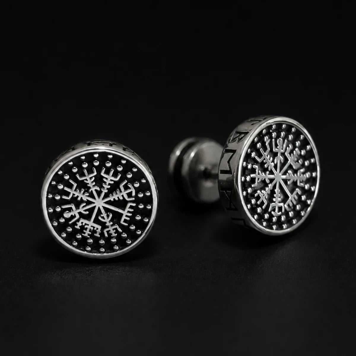 Vegvisir Studs Silver Pair Close Up Black Background