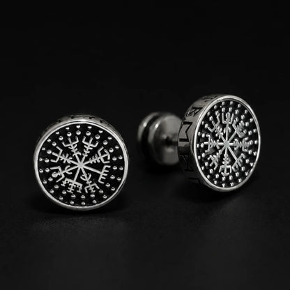 Vegvisir Studs Silver Pair Close Up Black Background