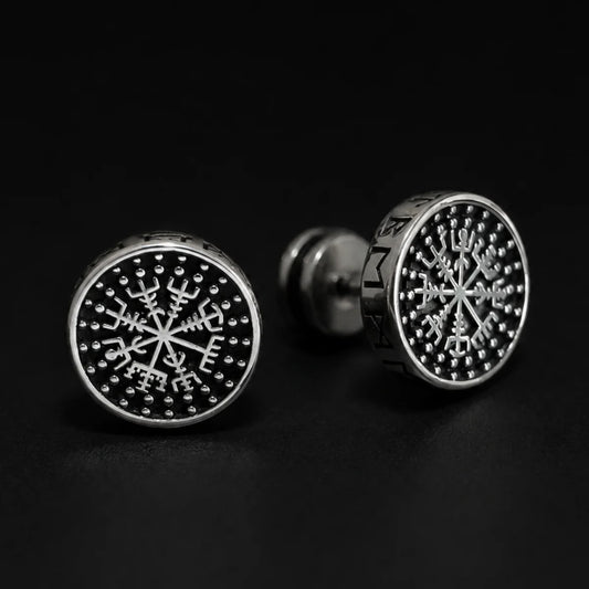 Vegvisir Studs Silver Pair Close Up Black Background