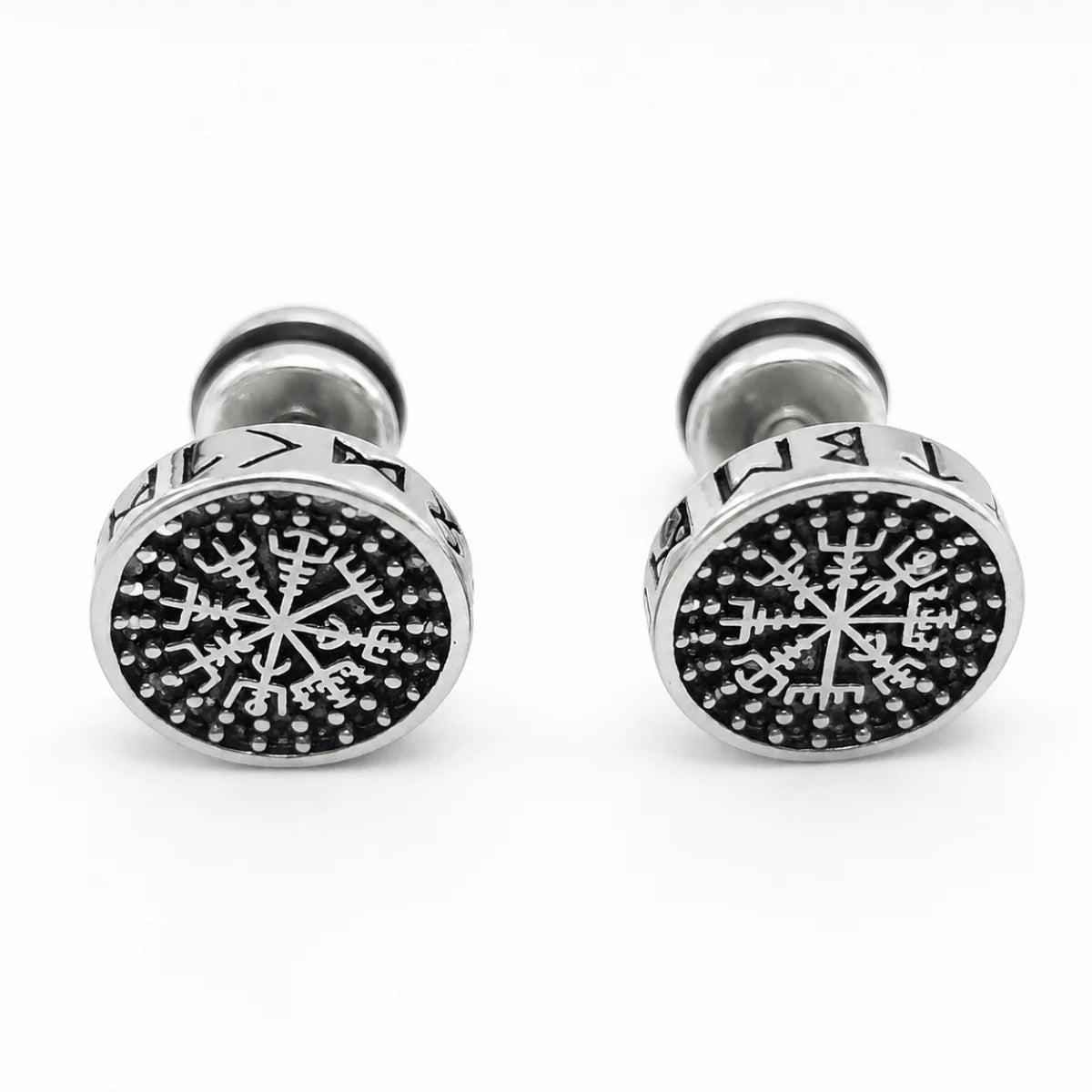 Vegvisir Studs Silver Pair Front View White Background