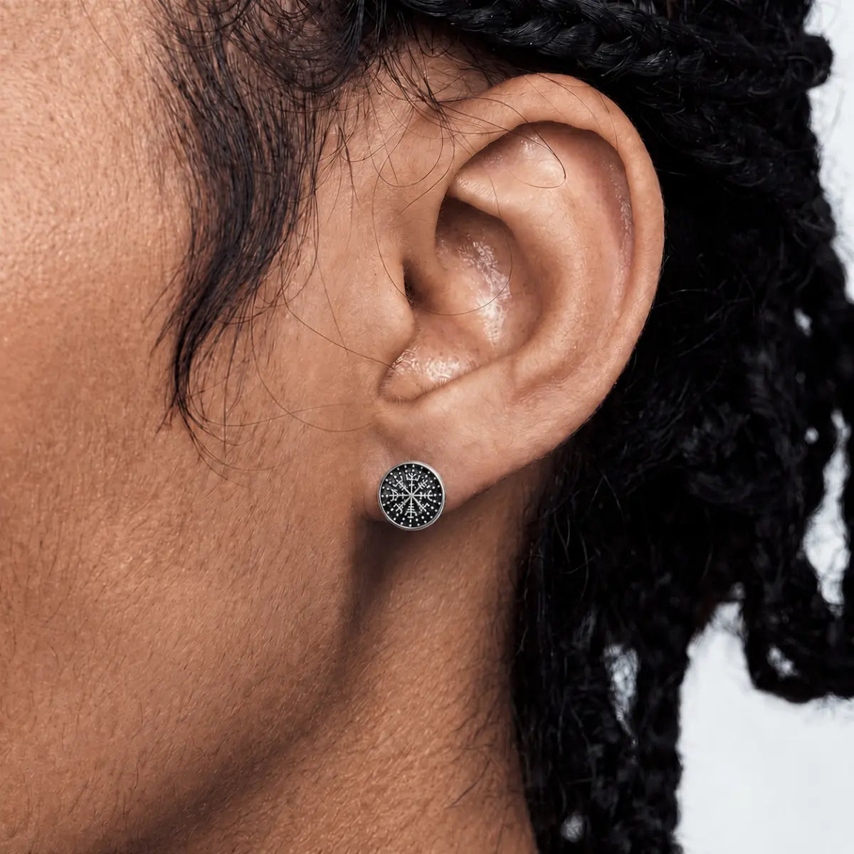 Vegvisir Studs Silver Worn by Male Model Close Up