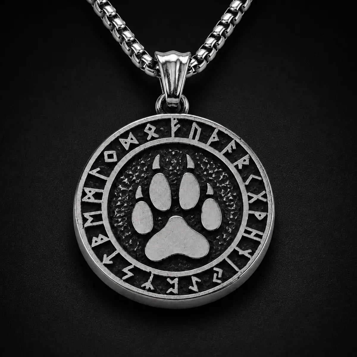 Viking Bear Paw Rune Pendant Necklace Silver Close Up Black Background