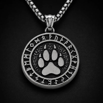 Viking Bear Paw Rune Pendant Necklace Silver Close Up Black Background