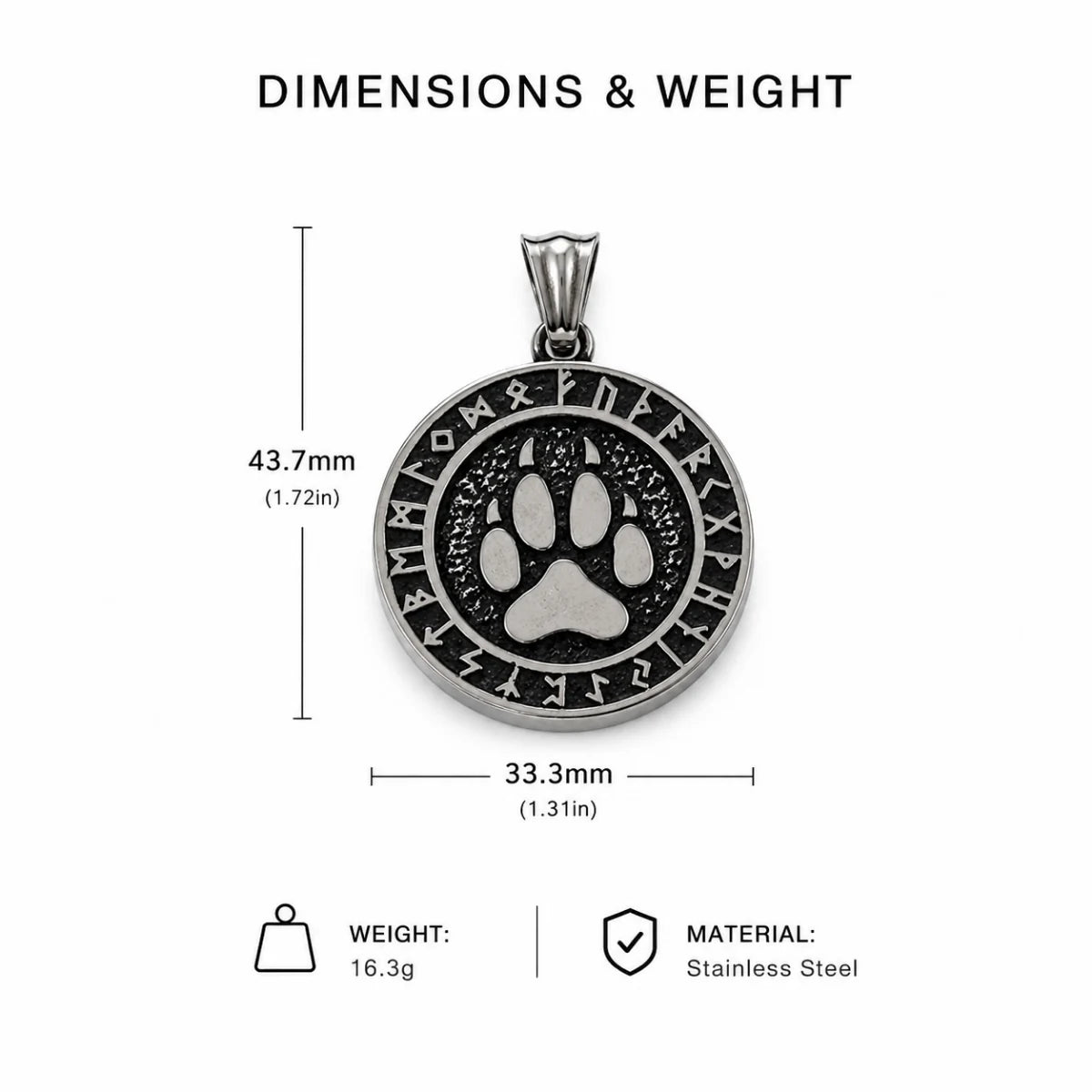 Viking Bear Paw Rune Pendant Necklace Silver Dimension Diagram 42.1mm 1.66inch and 28.5mm 1.12inch