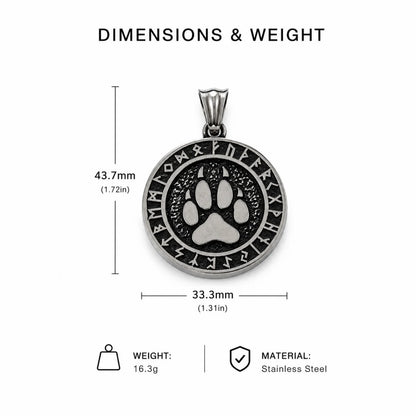 Viking Bear Paw Rune Pendant Necklace Silver Dimension Diagram 42.1mm 1.66inch and 28.5mm 1.12inch