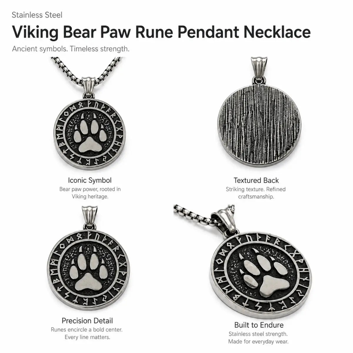 Viking Bear Paw Rune Pendant Necklace Silver Multi Angle Product Feature Showcase