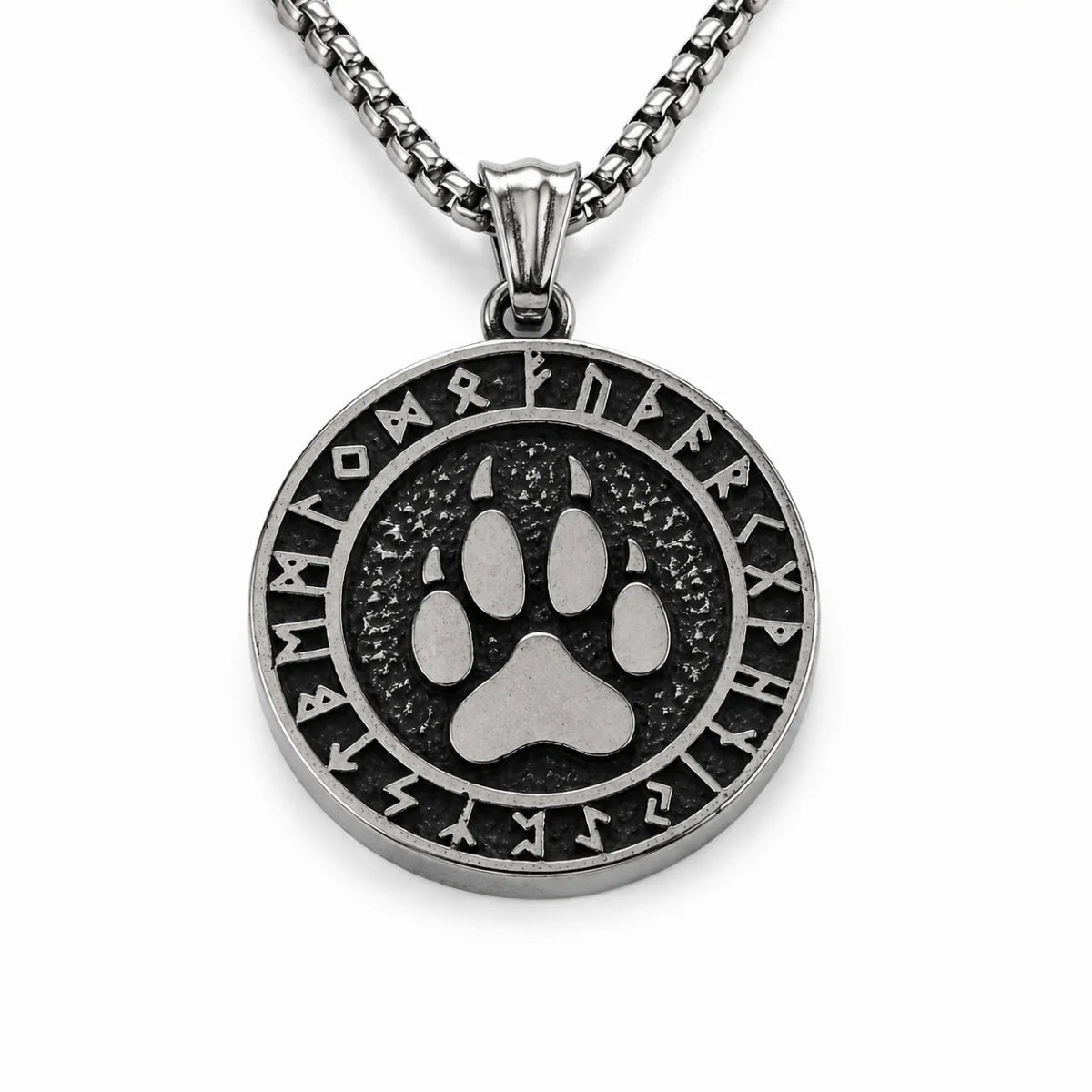 Viking Bear Paw Rune Pendant Necklace Silver Pendant with Chain Front View White Background