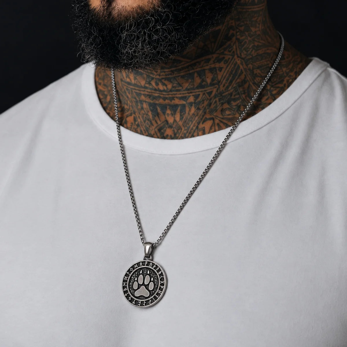 Viking Bear Paw Rune Pendant Necklace Silver Worn by Male Model Chest View