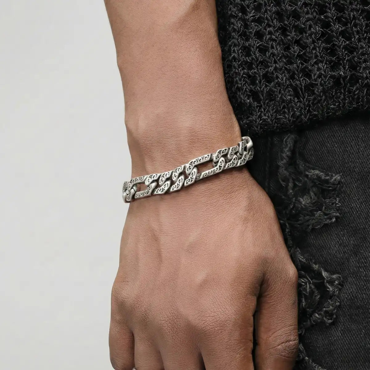 Viking Carved Figaro Bracelet Antique Silver Worn by Male Model