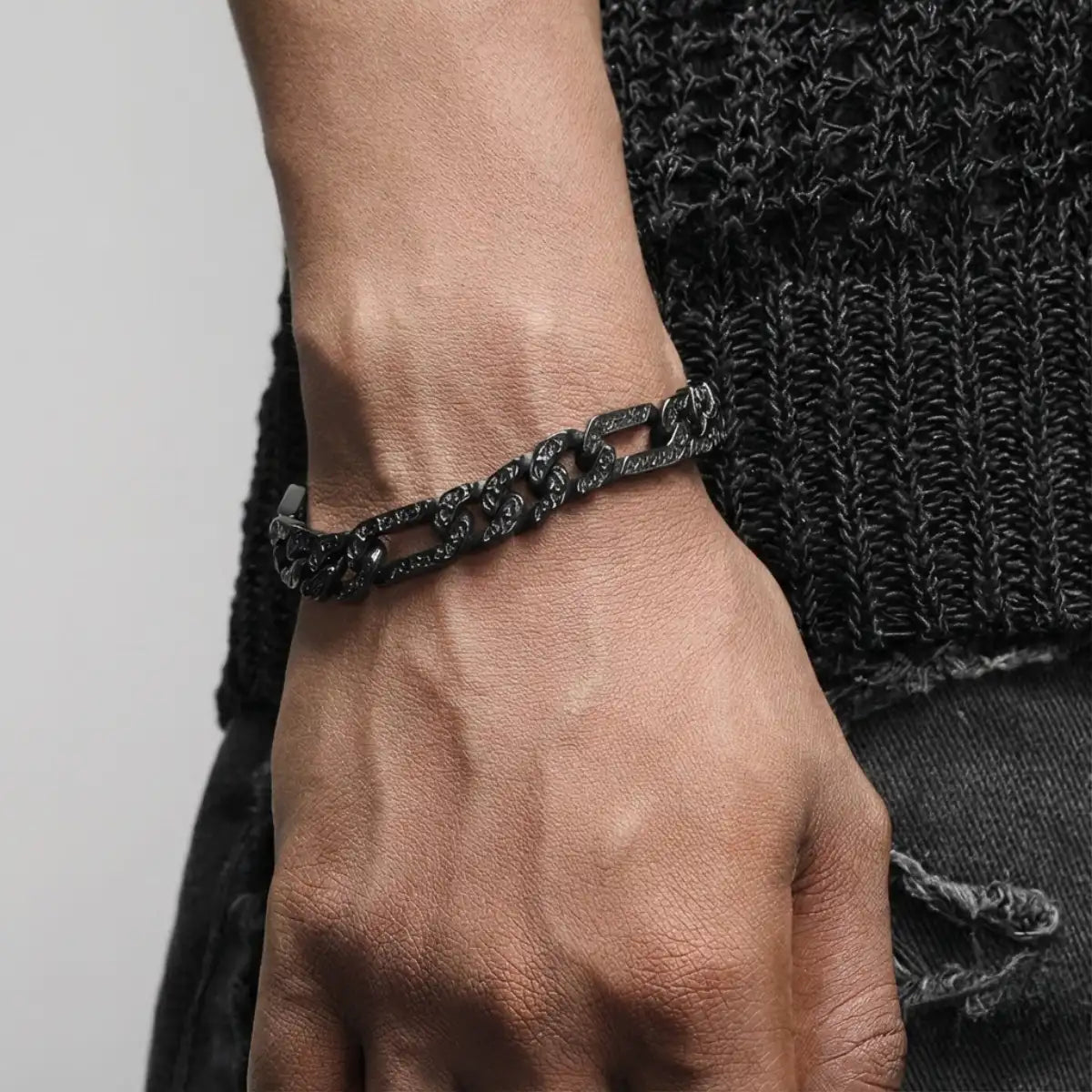 Viking Carved Figaro Bracelet Black Worn by Male Model