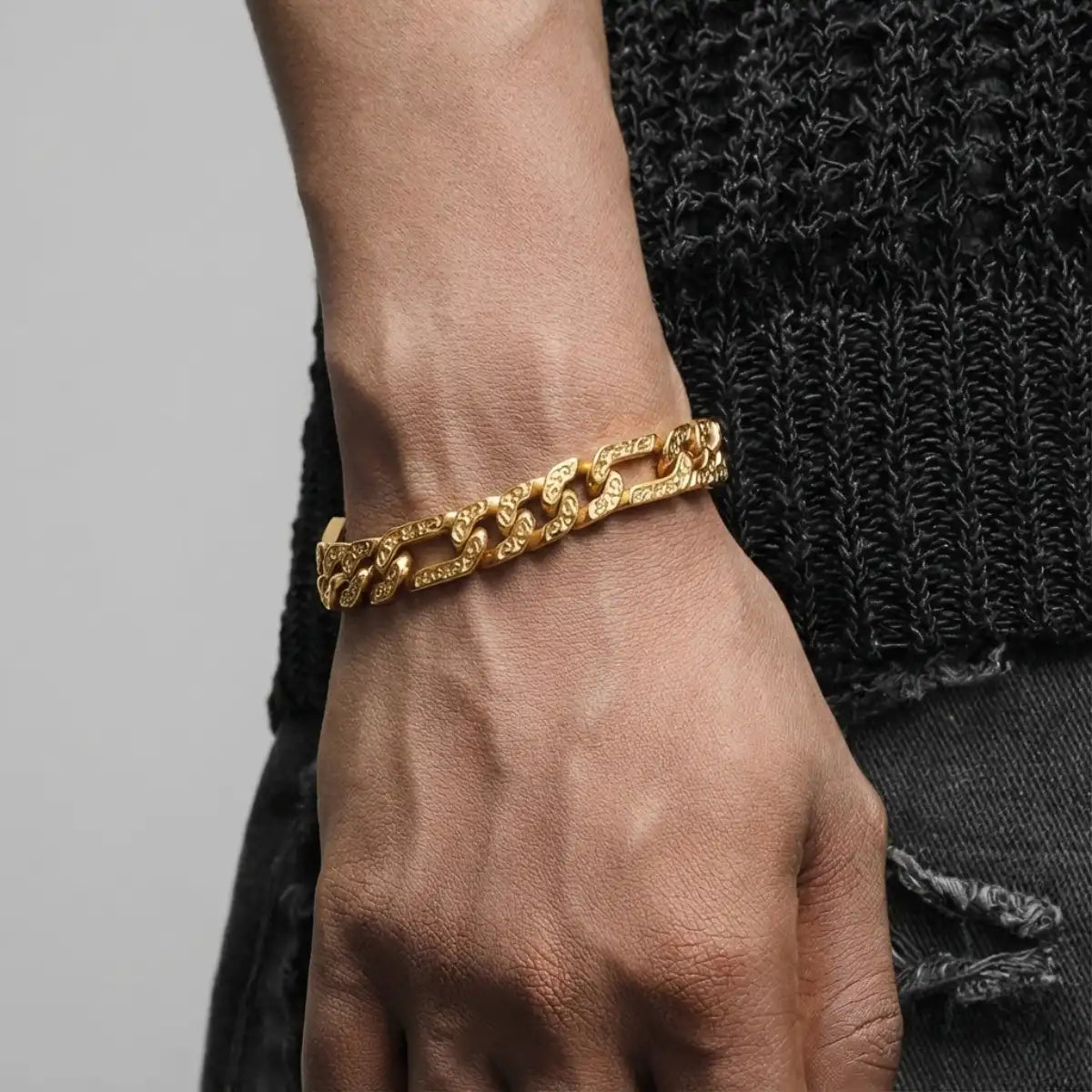Viking Carved Figaro Bracelet Gold Worn by Male Model