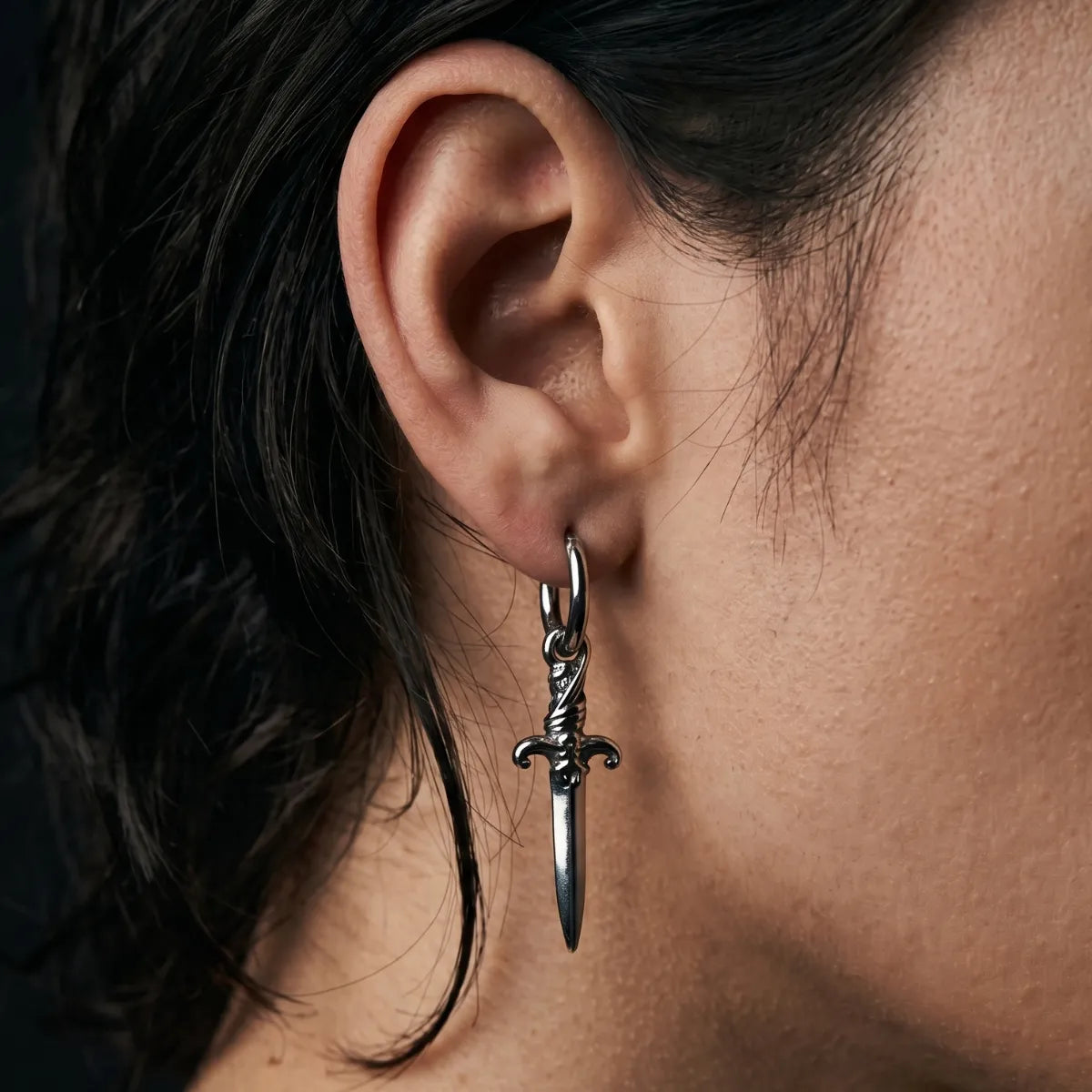Viking Dagger Earrings Worn by Male Model