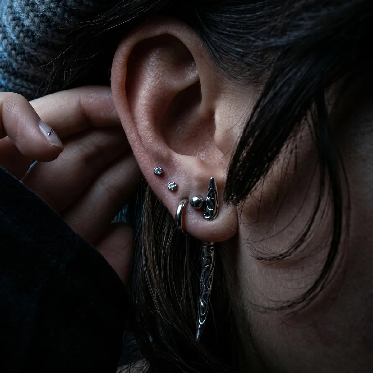 Viking Fang Spike Stud Earrings Worn by Female Model