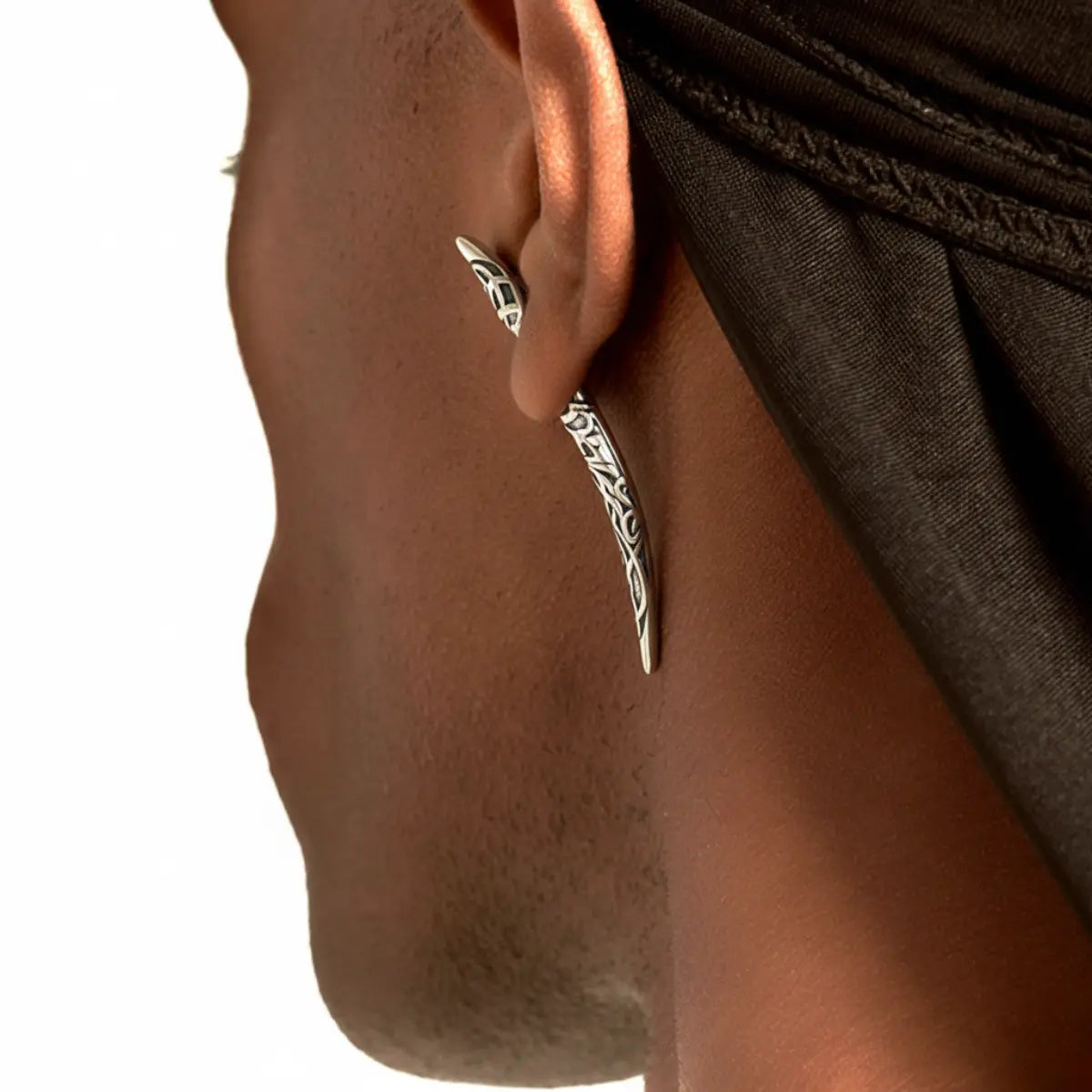 Viking Fang Spike Stud Earrings Worn by Male Model Back