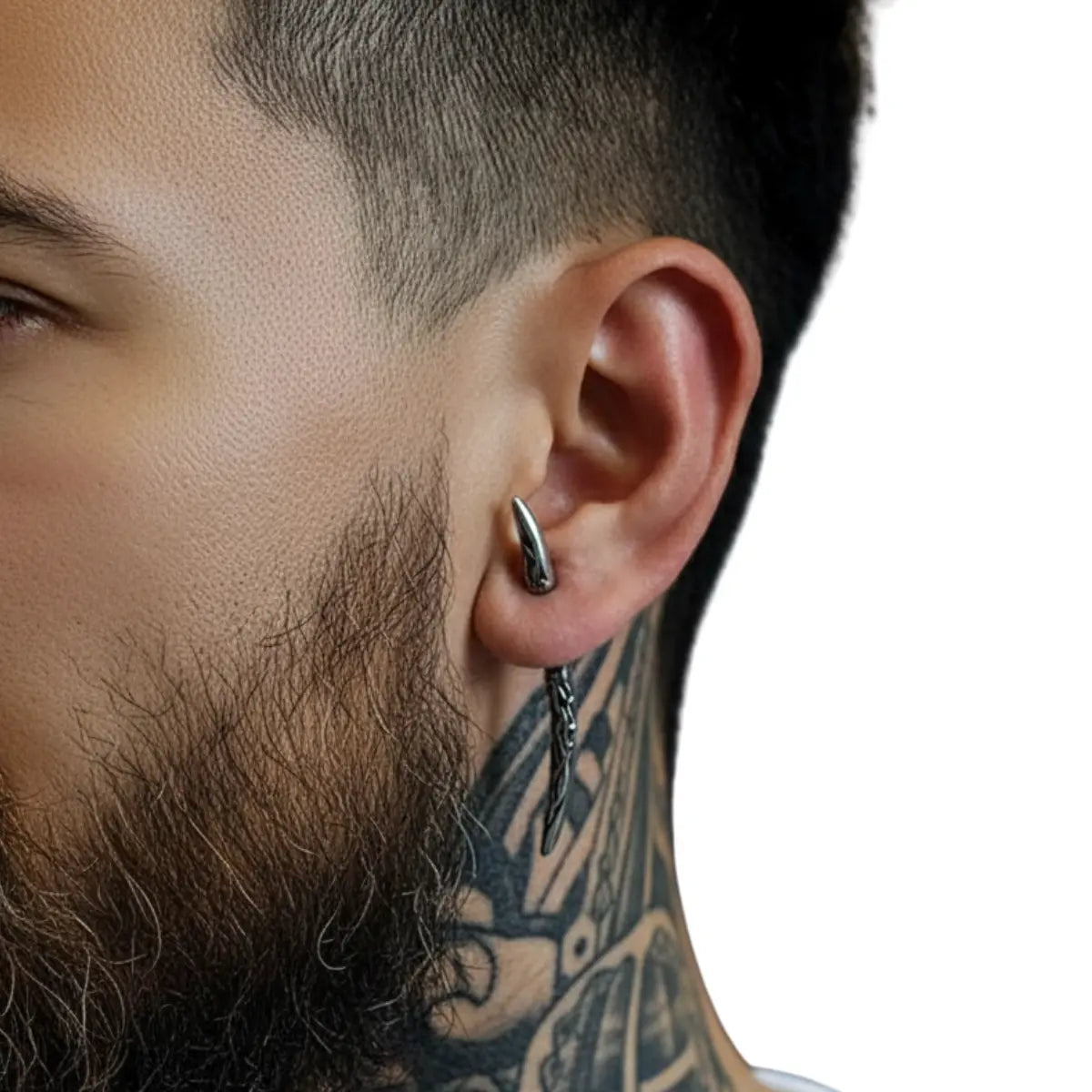 Viking Fang Spike Stud Earrings Worn by Male Model Front