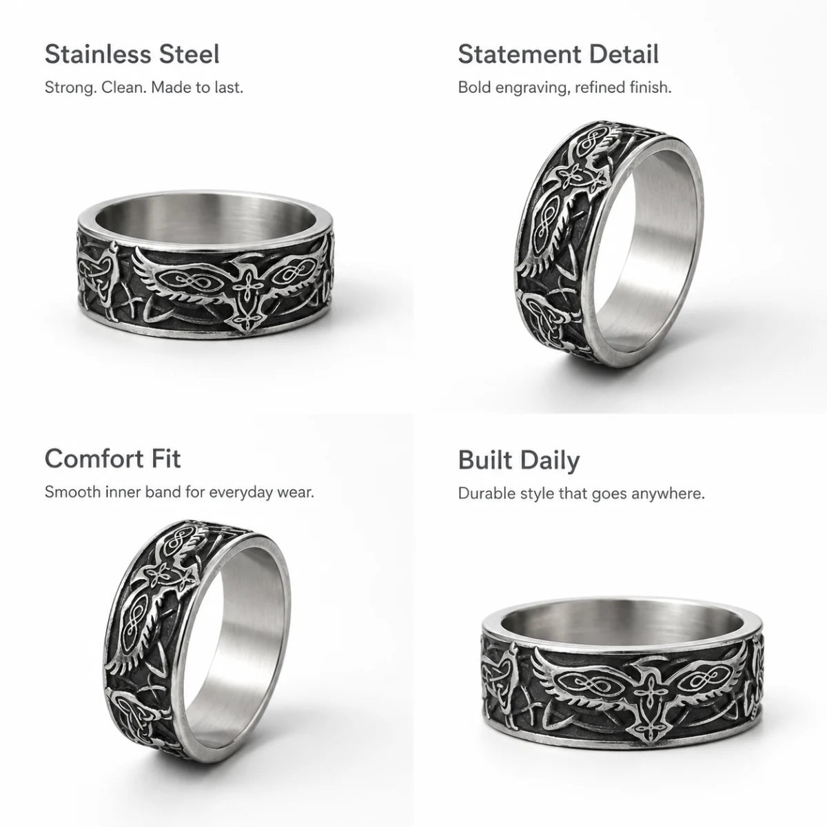 Viking Raven Band Ring Silver Details