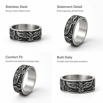 Viking Raven Band Ring Silver Details