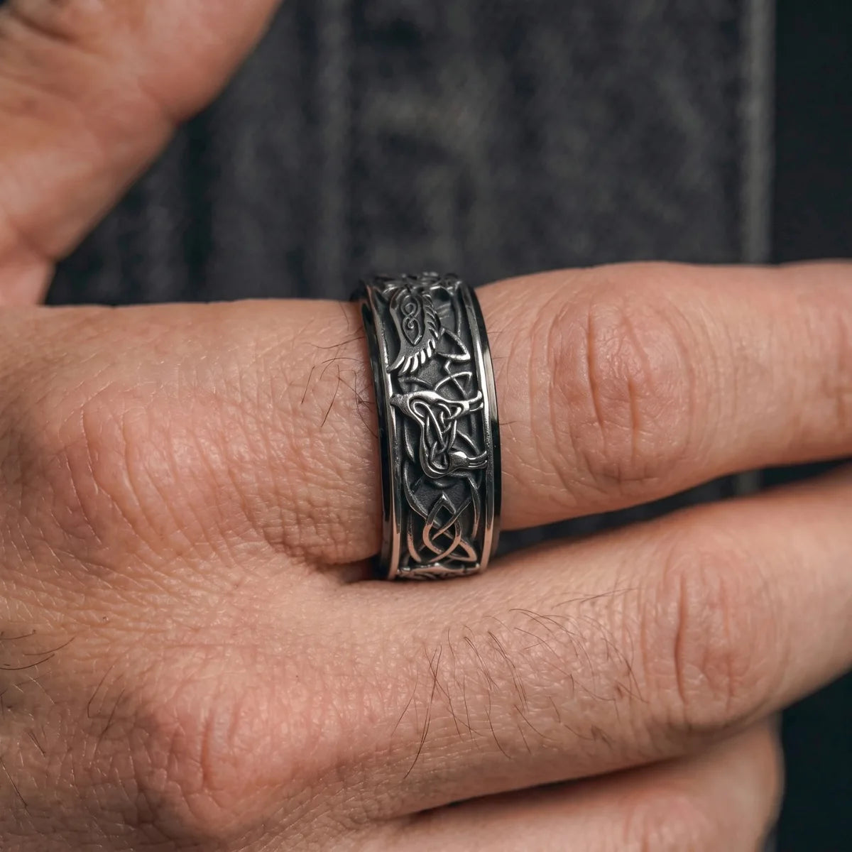 Viking Raven Band Ring Silver Worn by Male Model Close Up