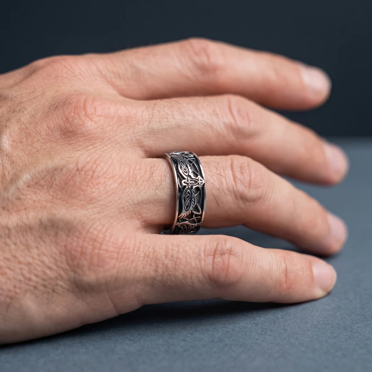 Viking Raven Band Ring Silver Worn by Male Model