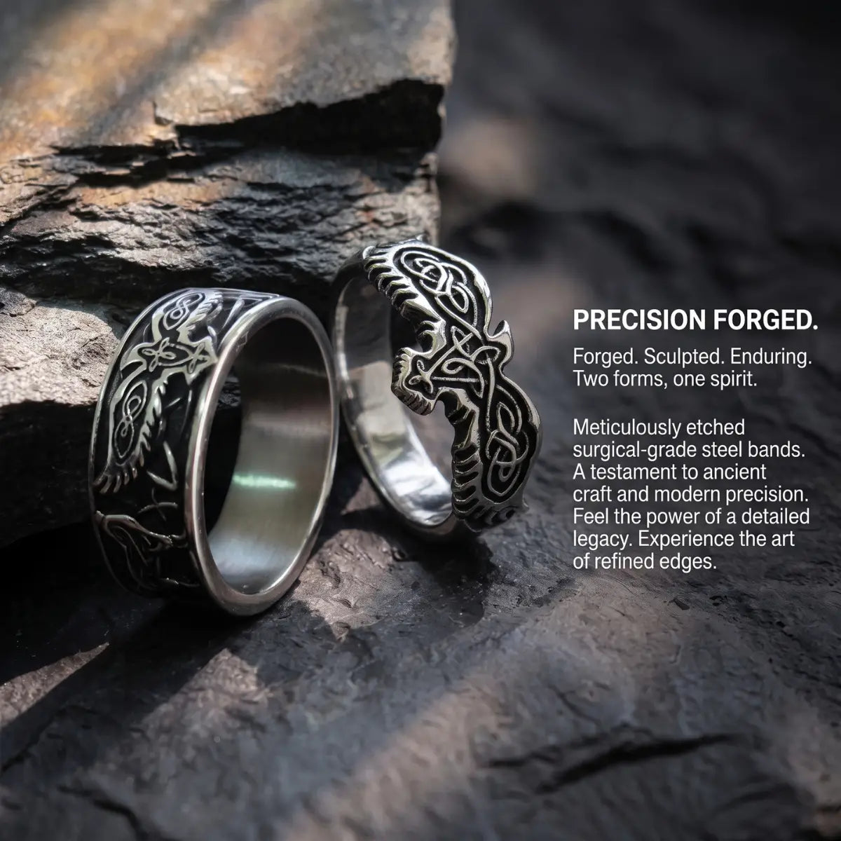 Viking Raven Band Ring Silver on Stone Surface