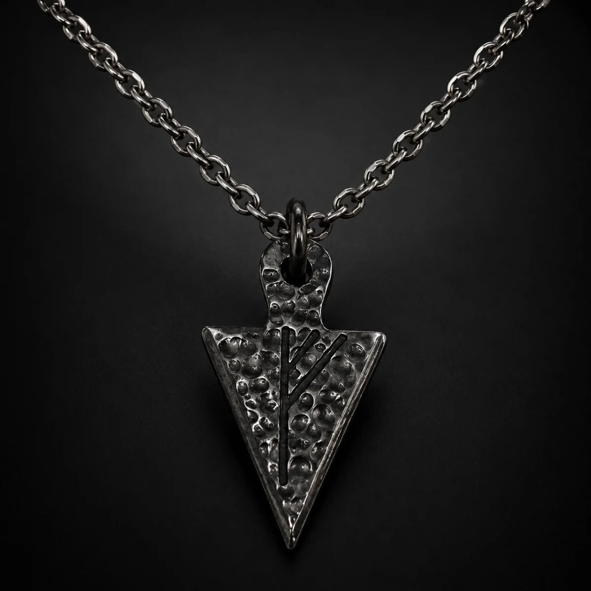 Viking Rune Arrowhead Necklace Silver Close Up Black Background