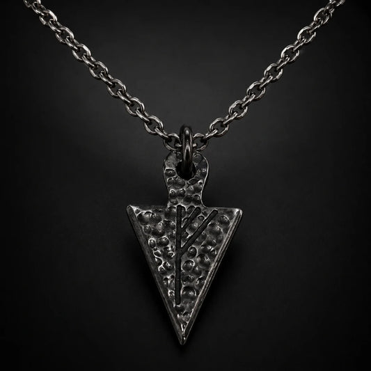 Viking Rune Arrowhead Necklace Silver Close Up Black Background