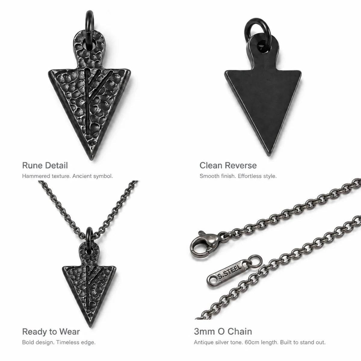 Viking Rune Arrowhead Necklace Silver Multi Angle Product Feature Showcase