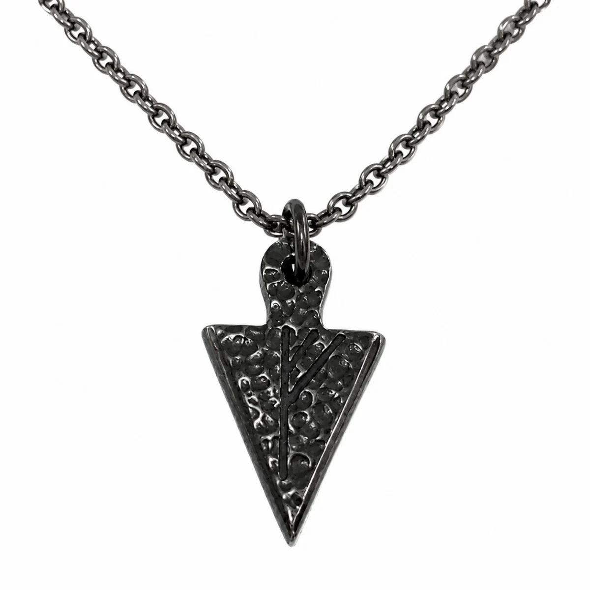 Viking Rune Arrowhead Necklace Silver Pendant with Chain Front View White Background