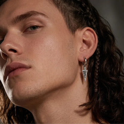 Viking Spear Earrings Silver Worn by Male Model Look Up
