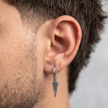 Viking Spear Earrings Silver Worn by Male Model Side View