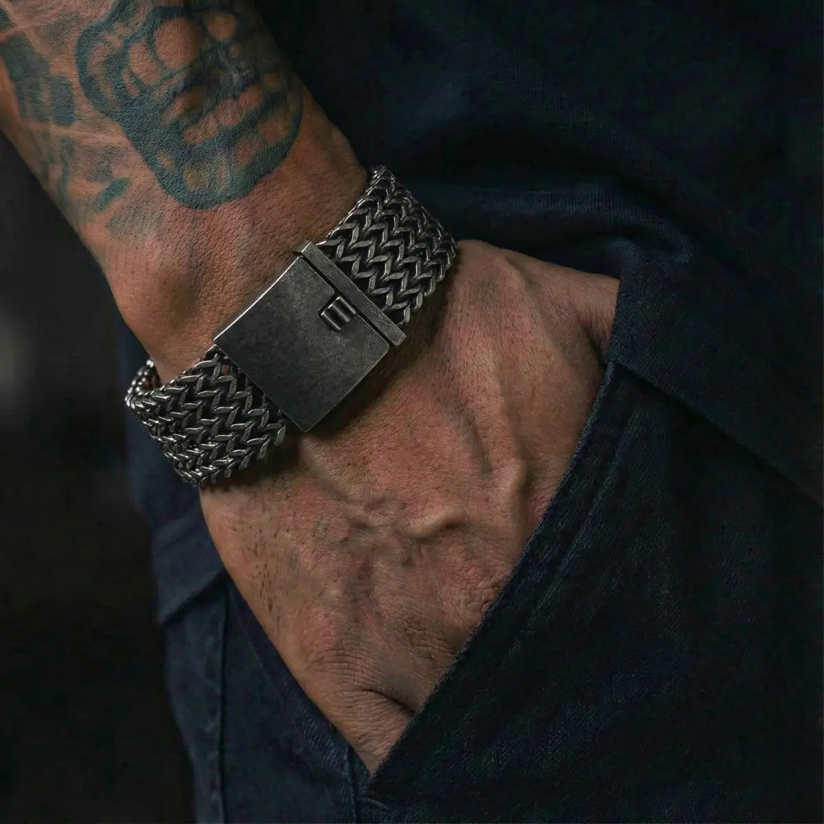 Vintage Black Chunky Woven Mesh Bracelet 30mm Worn by Male Model