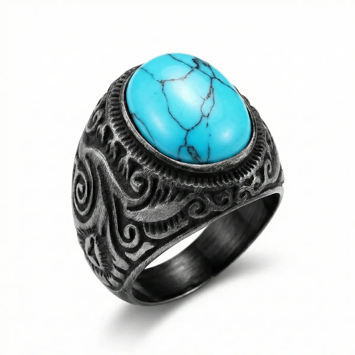 Vintage Black Engraved Turquoise Ring Details
