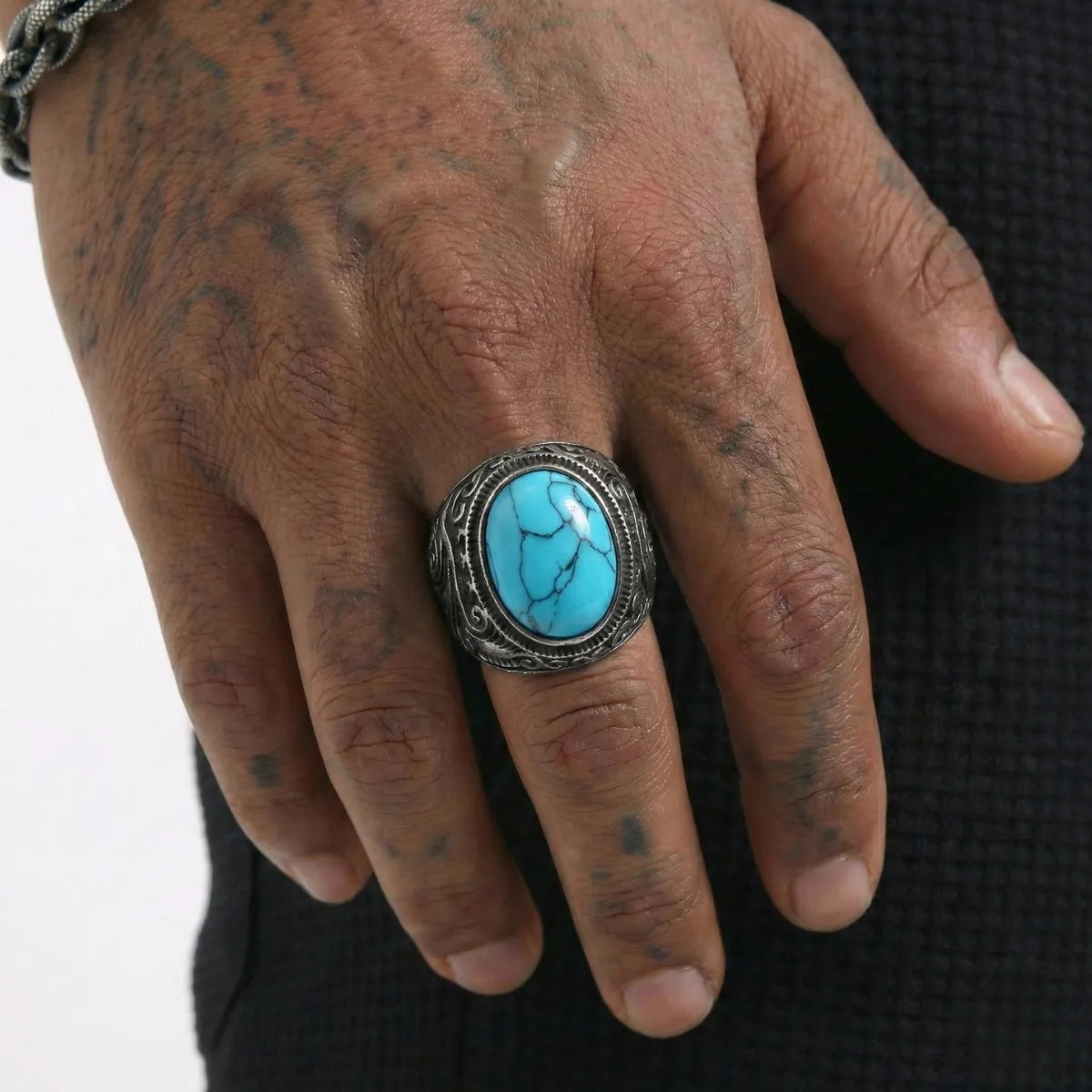 Vintage Black Engraved Turquoise Ring Worn by Male Model