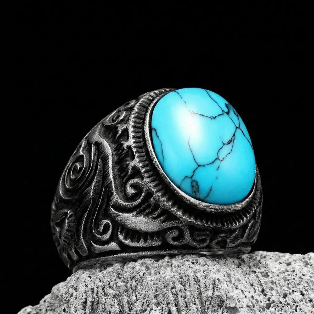 Vintage Black Engraved Turquoise Ring